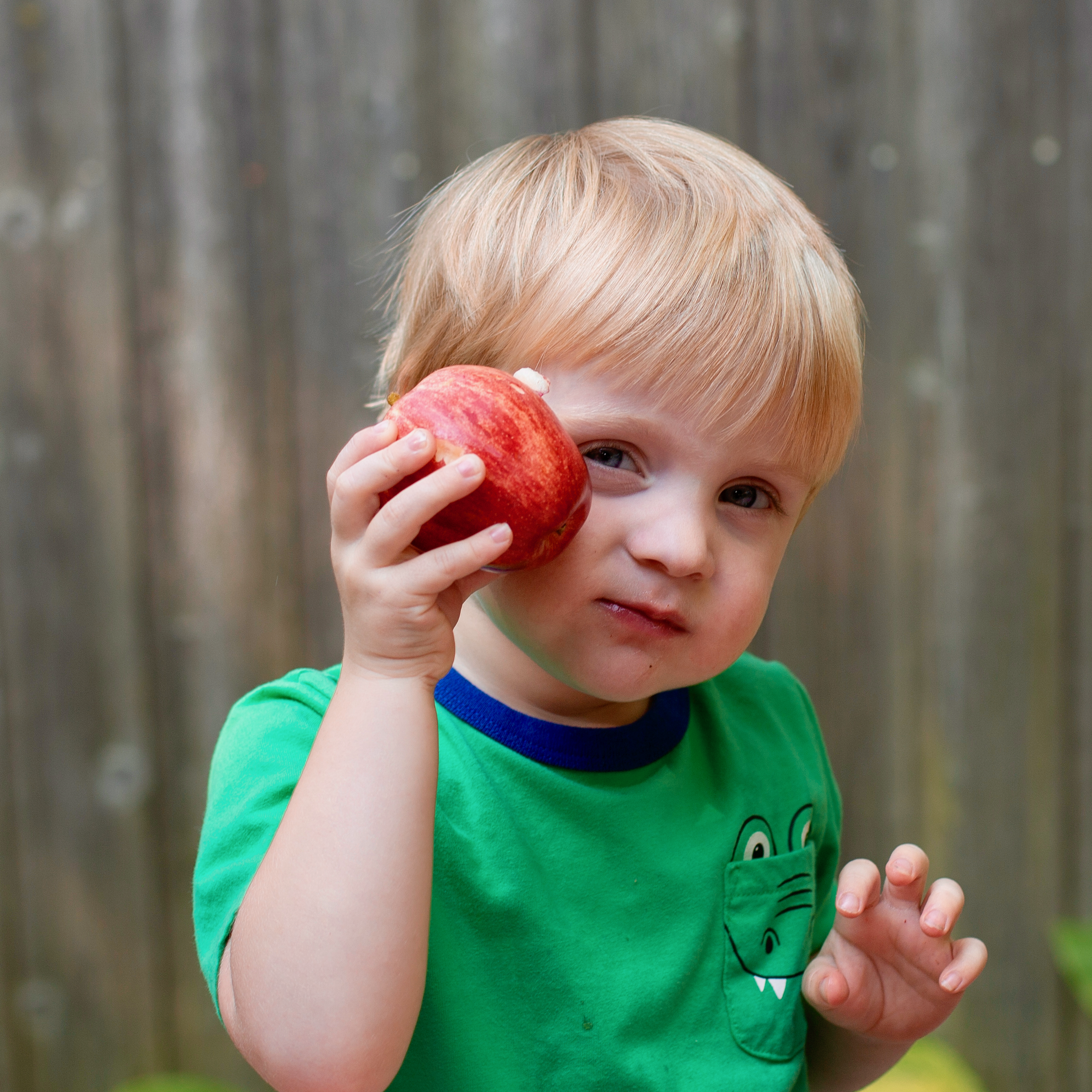 Young boy eating a red apple
